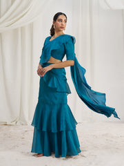 Teal Blue Ruffle Saree with Designer Blouse