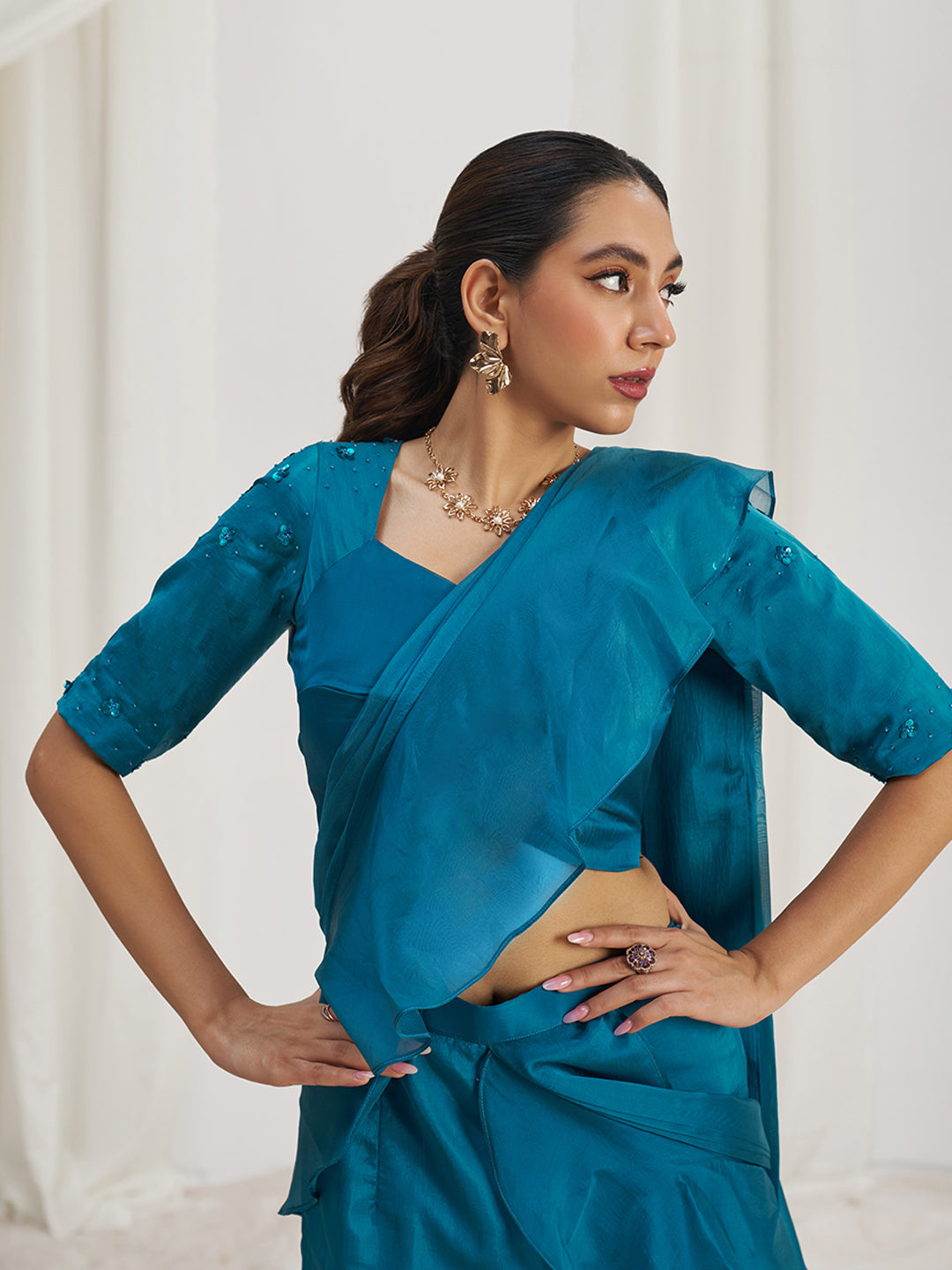 Teal Blue Ruffle Saree with Designer Blouse