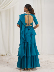 Teal Blue Ruffle Saree with Designer Blouse