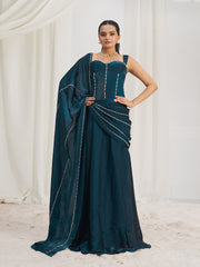 Teal Blue Designer Gown with Embellished Corset and Flowing Dupatta
