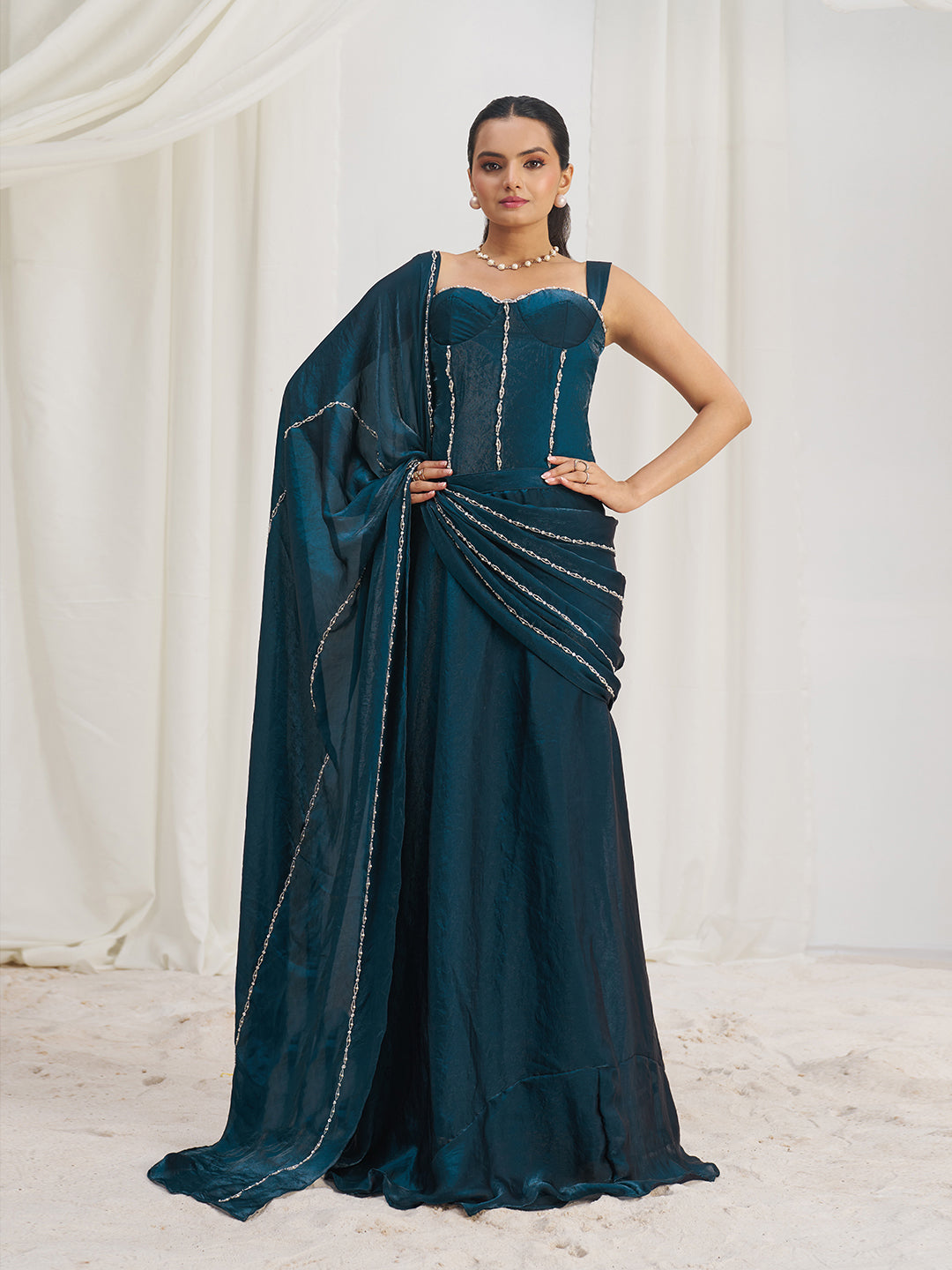 Dark Teal Blue Designer Gown with Embellished Corset and Flowing Dupatta