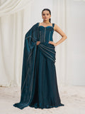 Dark Teal Blue Designer Gown with Embellished Corset and Flowing Dupatta
