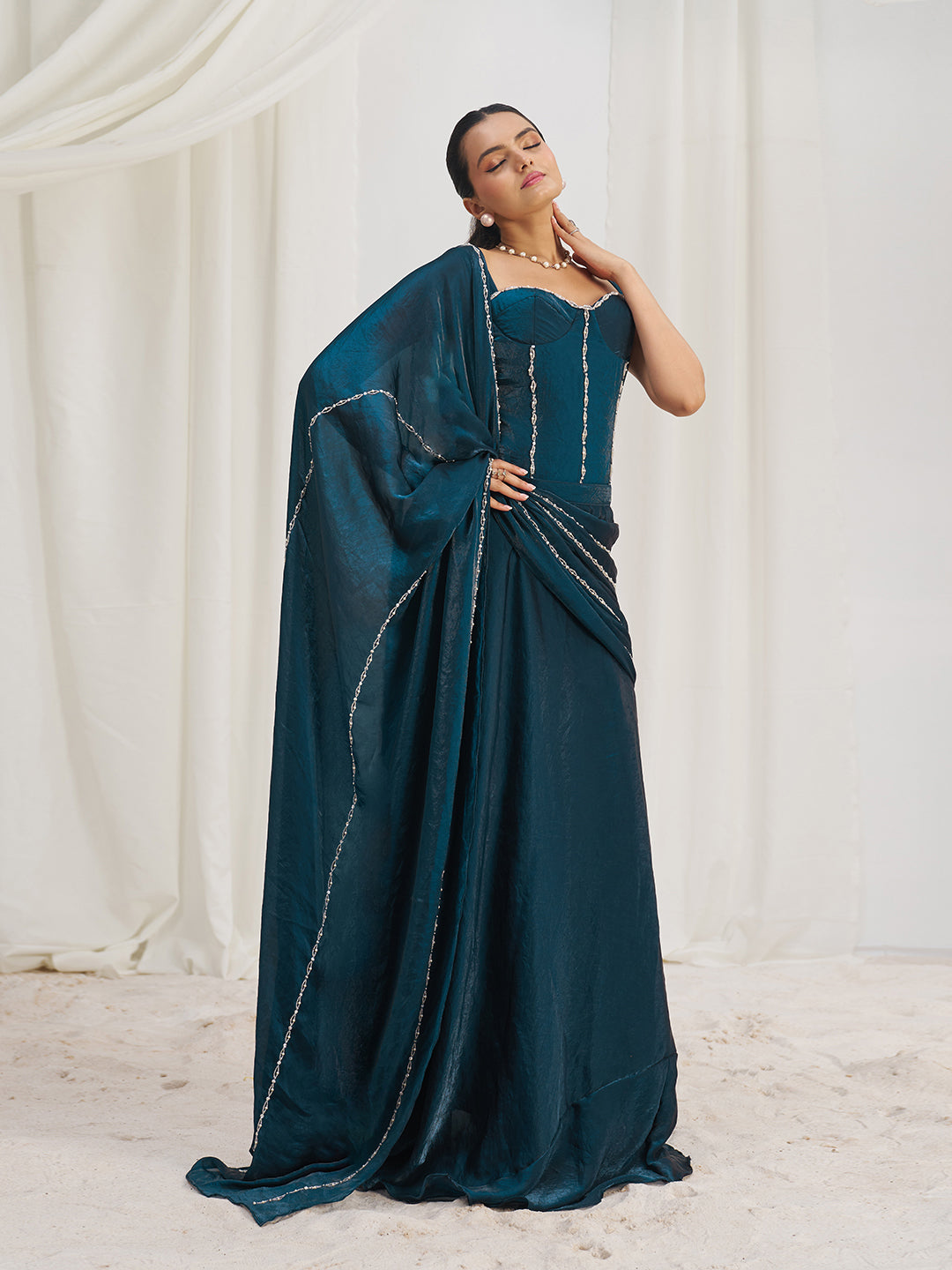 Dark Teal Blue Designer Gown with Embellished Corset and Flowing Dupatta