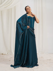 Dark Teal Blue Designer Gown with Embellished Corset and Flowing Dupatta