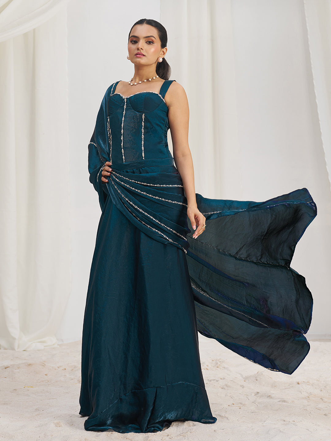 Dark Teal Blue Designer Gown with Embellished Corset and Flowing Dupatta
