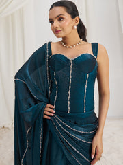 Teal Blue Designer Gown with Embellished Corset and Flowing Dupatta