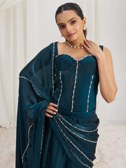 Teal Blue Designer Gown with Embellished Corset and Flowing Dupatta