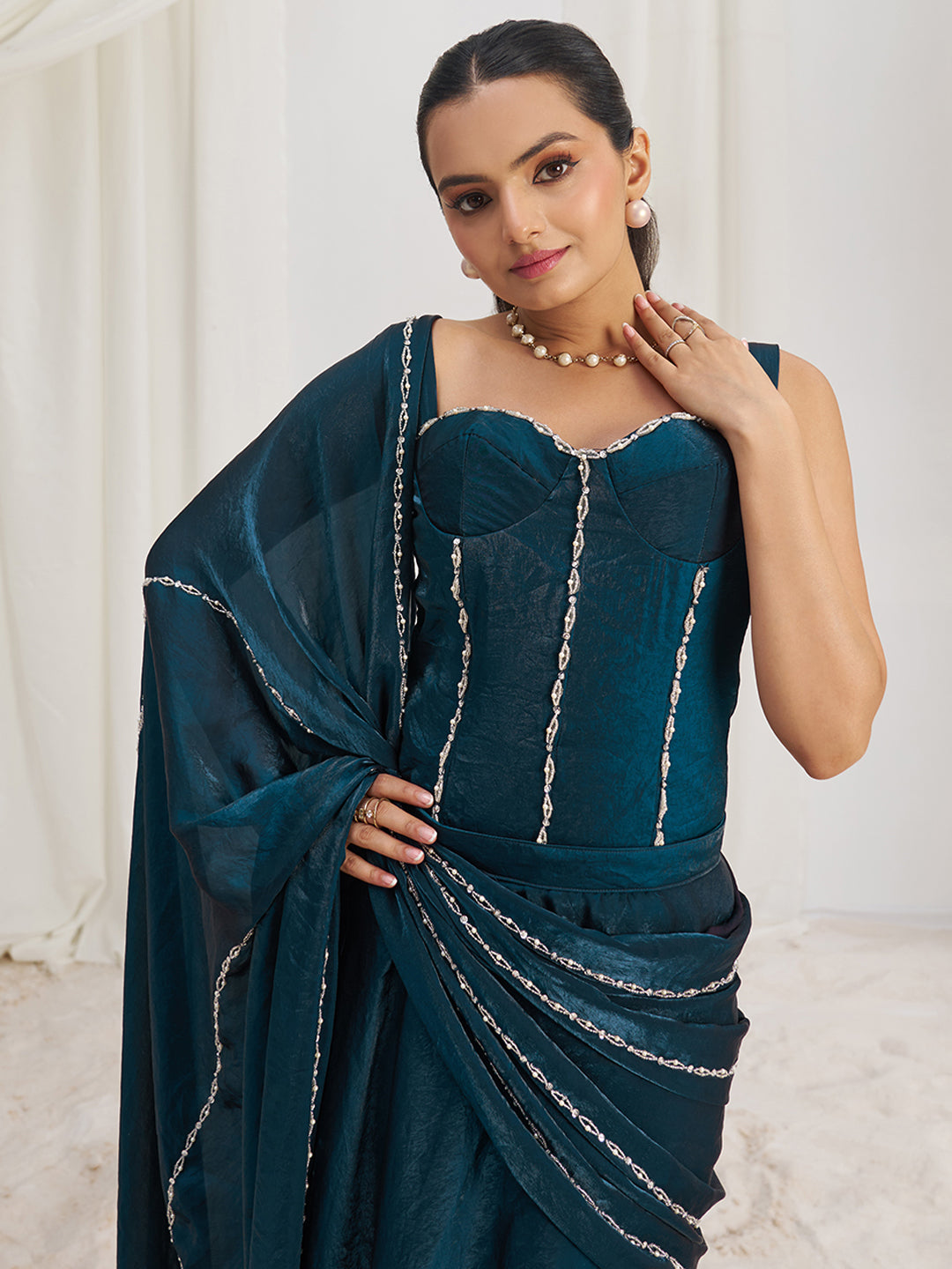 Dark Teal Blue Designer Gown with Embellished Corset and Flowing Dupatta