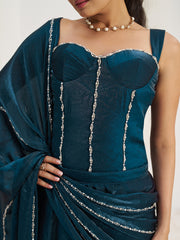 Teal Blue Designer Gown with Embellished Corset and Flowing Dupatta