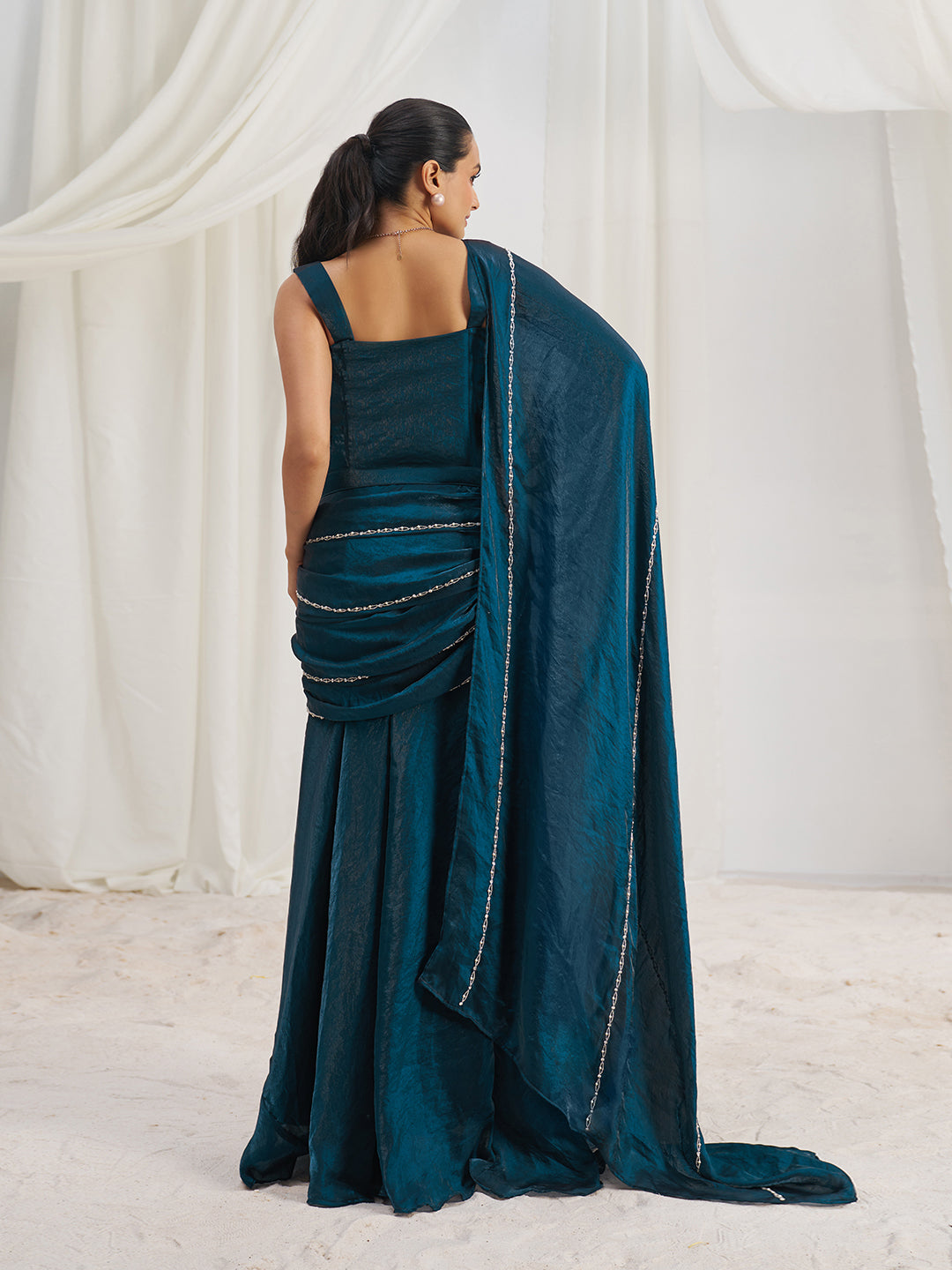Teal Blue Designer Gown with Embellished Corset and Flowing Dupatta