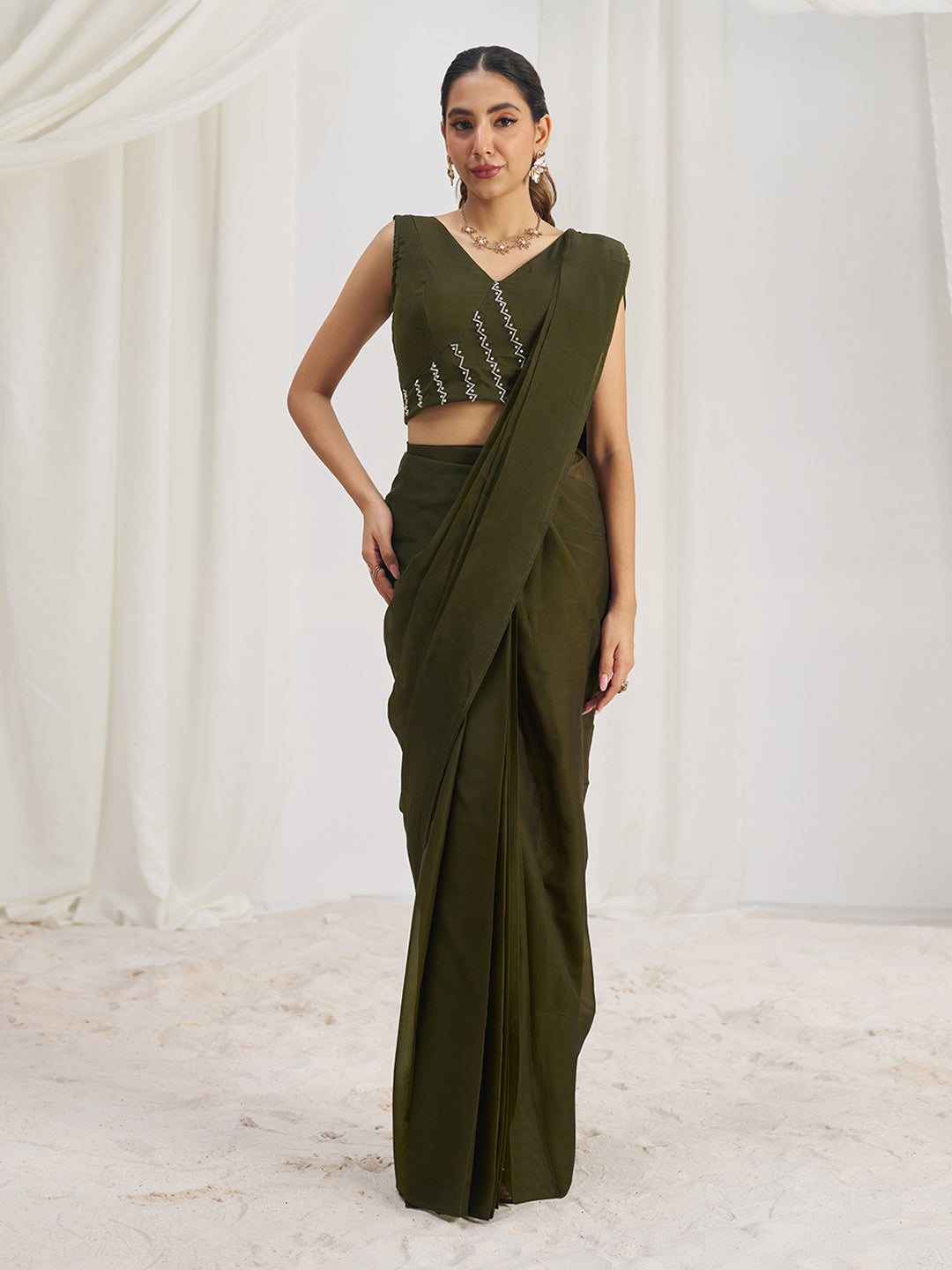 Olive Green Designer Saree with Zigzag Embellished Blouse