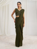 Olive Green Designer Saree with Zigzag Embellished Blouse