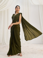 Olive Green Designer Saree with Zigzag Embellished Blouse