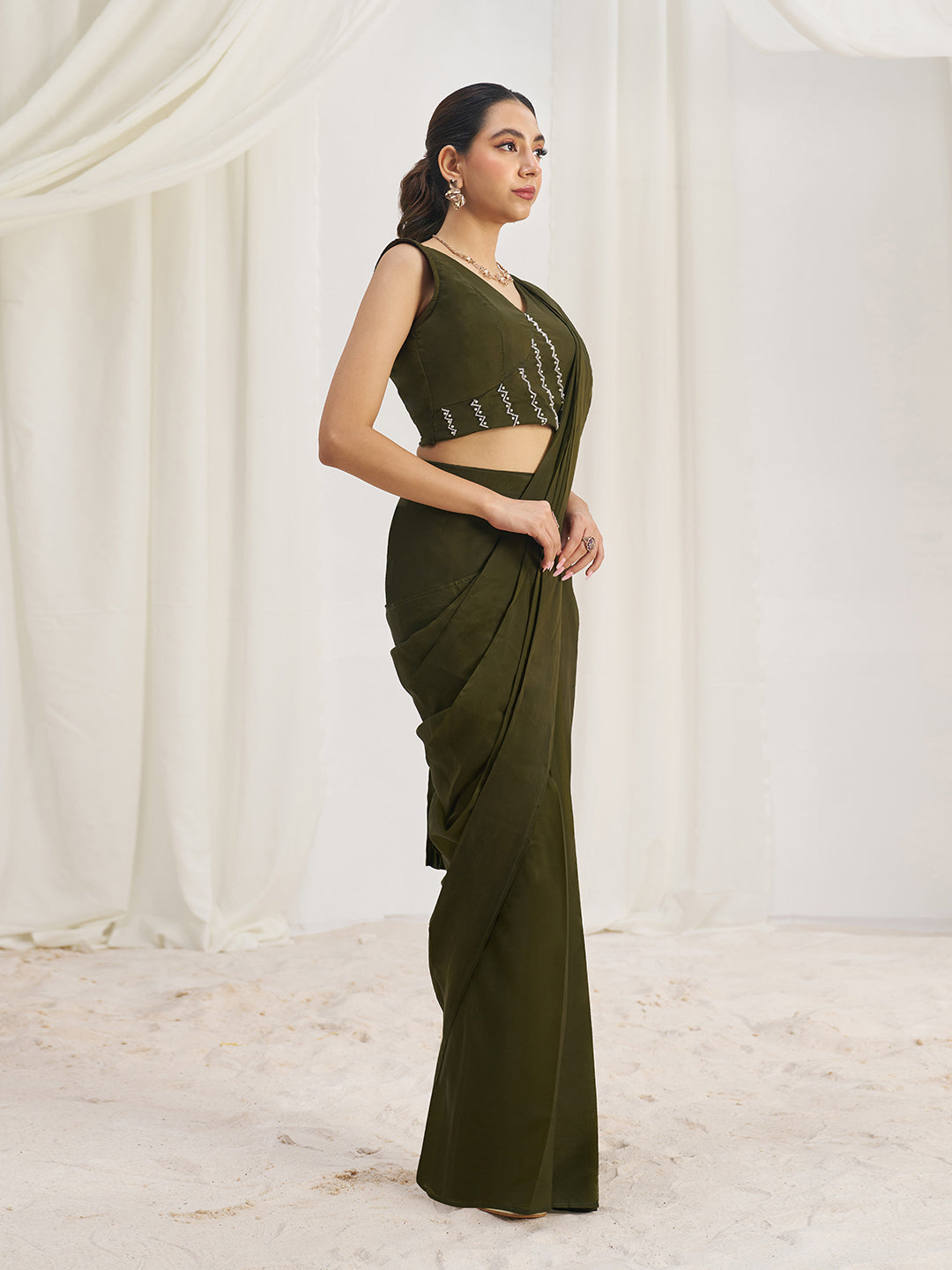 Olive Green Designer Saree with Zigzag Embellished Blouse