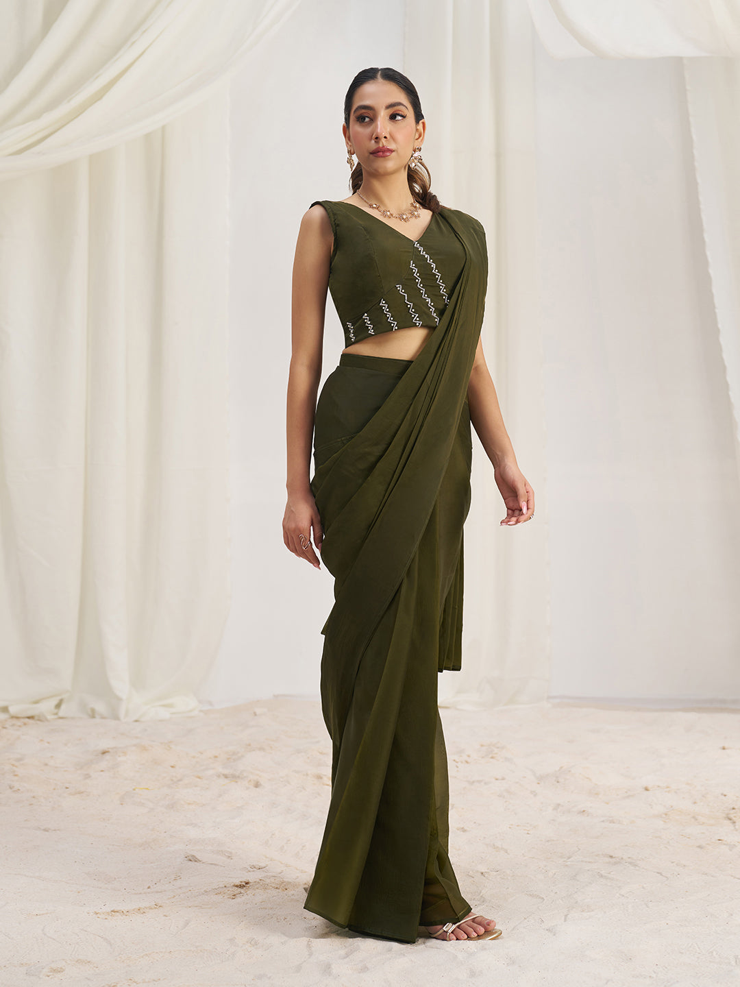 Olive Green Designer Saree with Zigzag Embellished Blouse