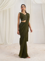 Olive Green Designer Saree with Zigzag Embellished Blouse