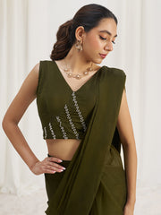 Olive Green Designer Saree with Zigzag Embellished Blouse