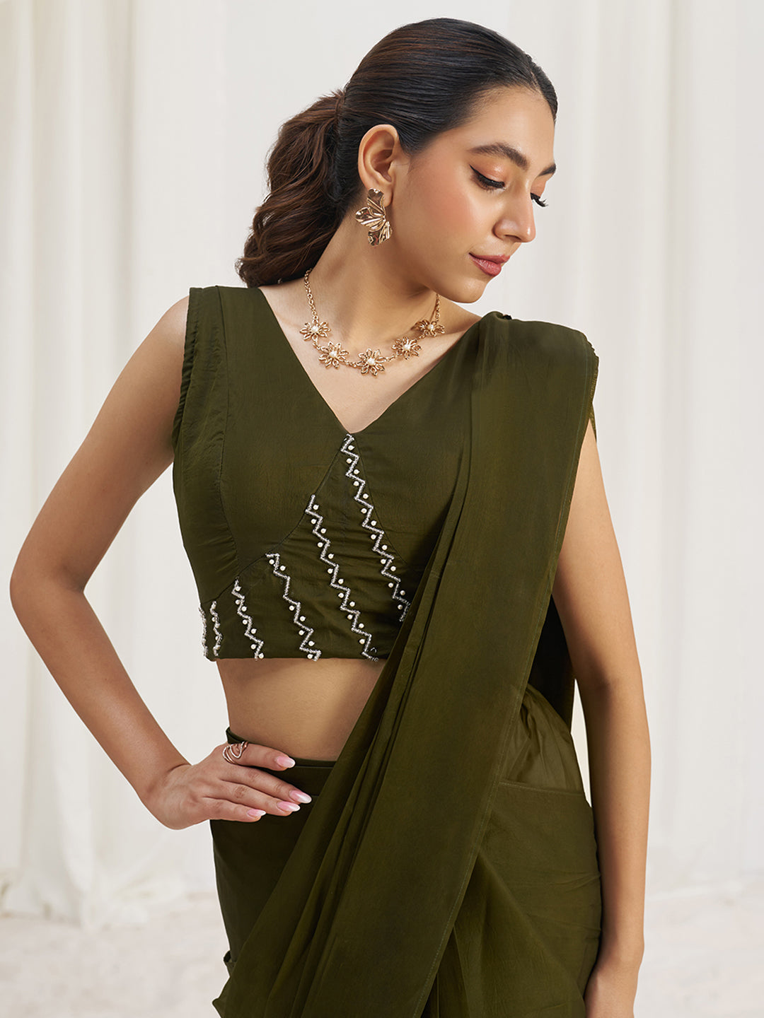 Olive Green Designer Saree with Zigzag Embellished Blouse