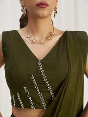 Olive Green Designer Saree with Zigzag Embellished Blouse