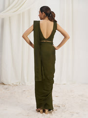 Olive Green Designer Saree with Zigzag Embellished Blouse