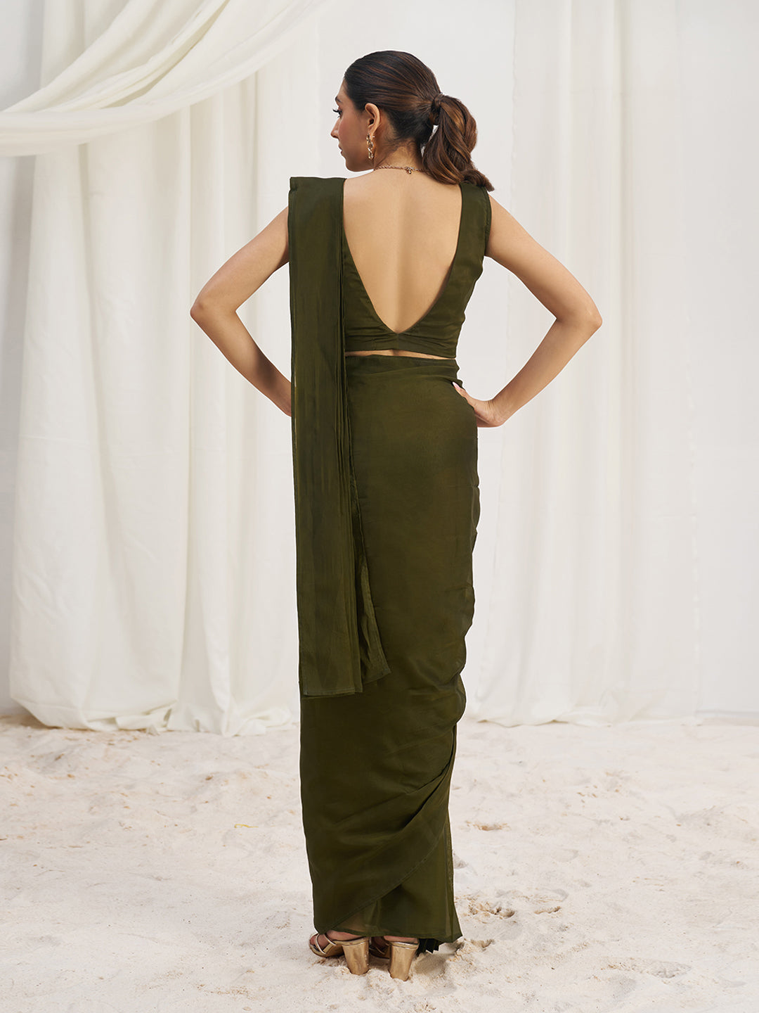 Olive Green Designer Saree with Zigzag Embellished Blouse
