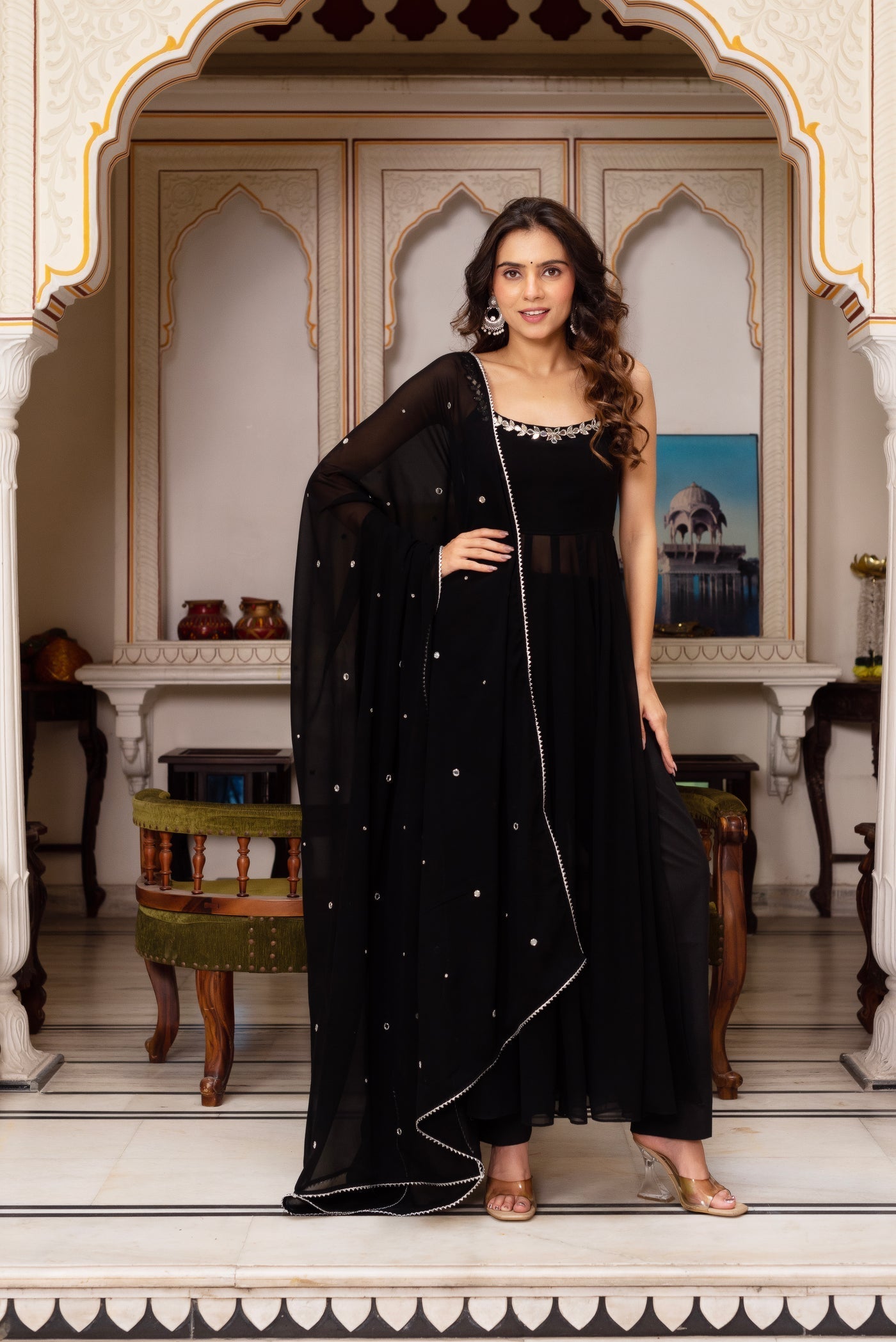 Stylish Red Mirror Work Anarkali Set