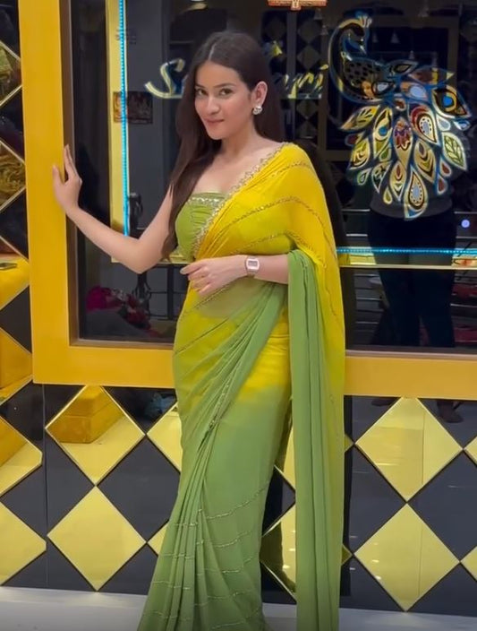 Beautiful Two-Shade Georgette Saree | Handwork Detailing