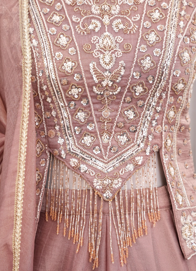 Dusty Mauve Salsa Silk Lehenga Set with Bead, Sequin & Thread Embroidery