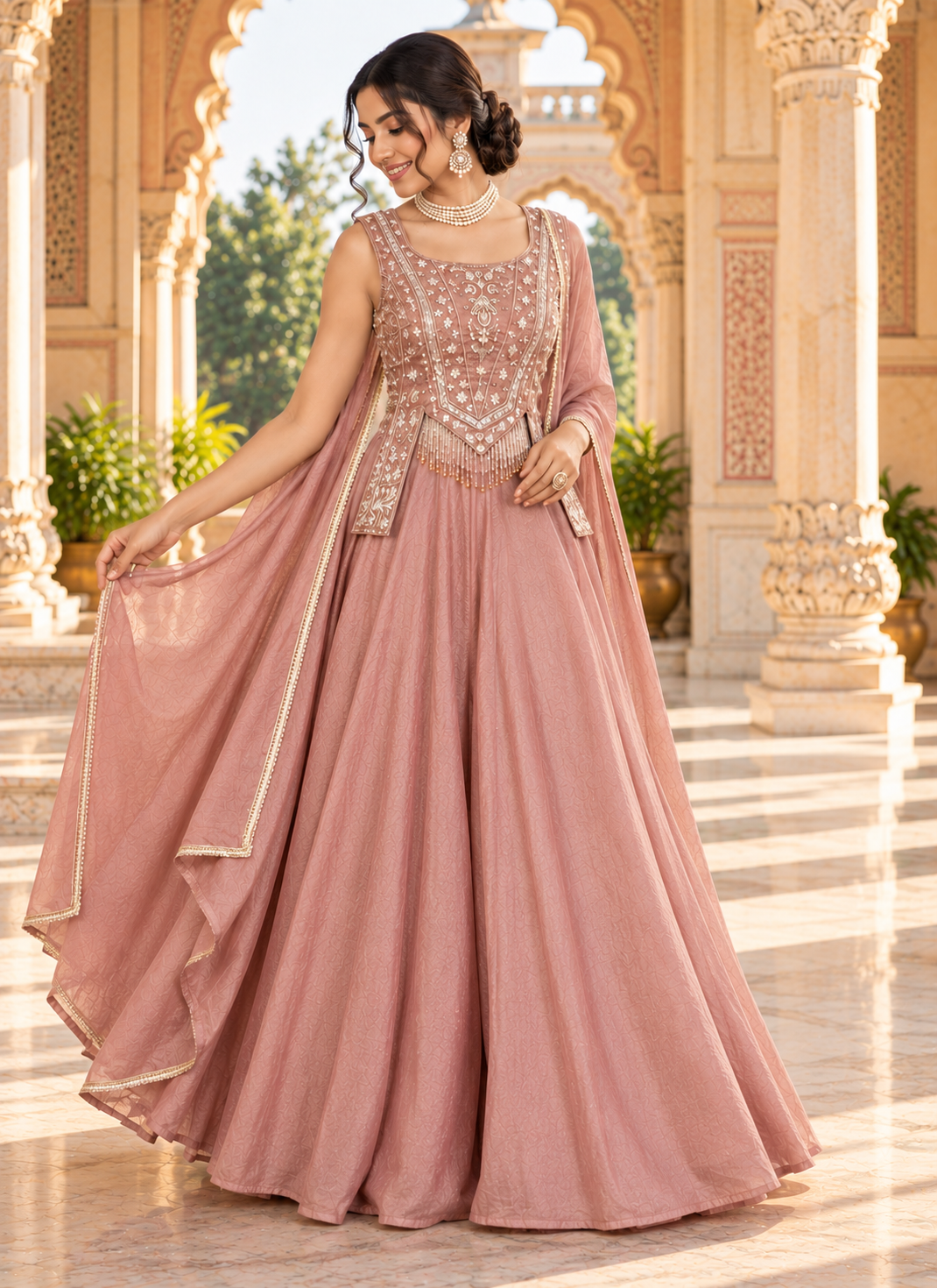 Dusty Mauve Salsa Silk Lehenga Set with Bead, Sequin & Thread Embroidery