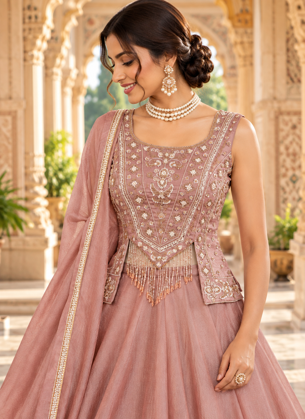 Dusty Mauve Salsa Silk Lehenga Set with Bead, Sequin & Thread Embroidery