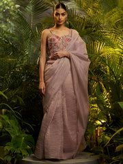 Dusty Rose Pink Pre-Draped Pure Tissue Saree with Blouse
