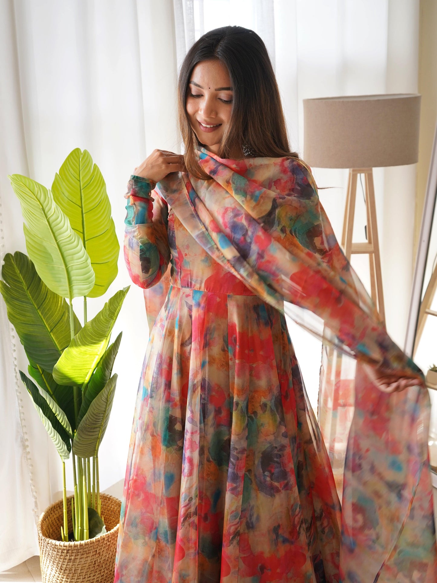 Elegant Soft Organza Silk Floral Designer Anarkali Pant Suit - Ethnicwish
