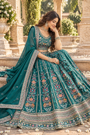 Emerald Green Star Georgette Sequin Lehenga Choli
