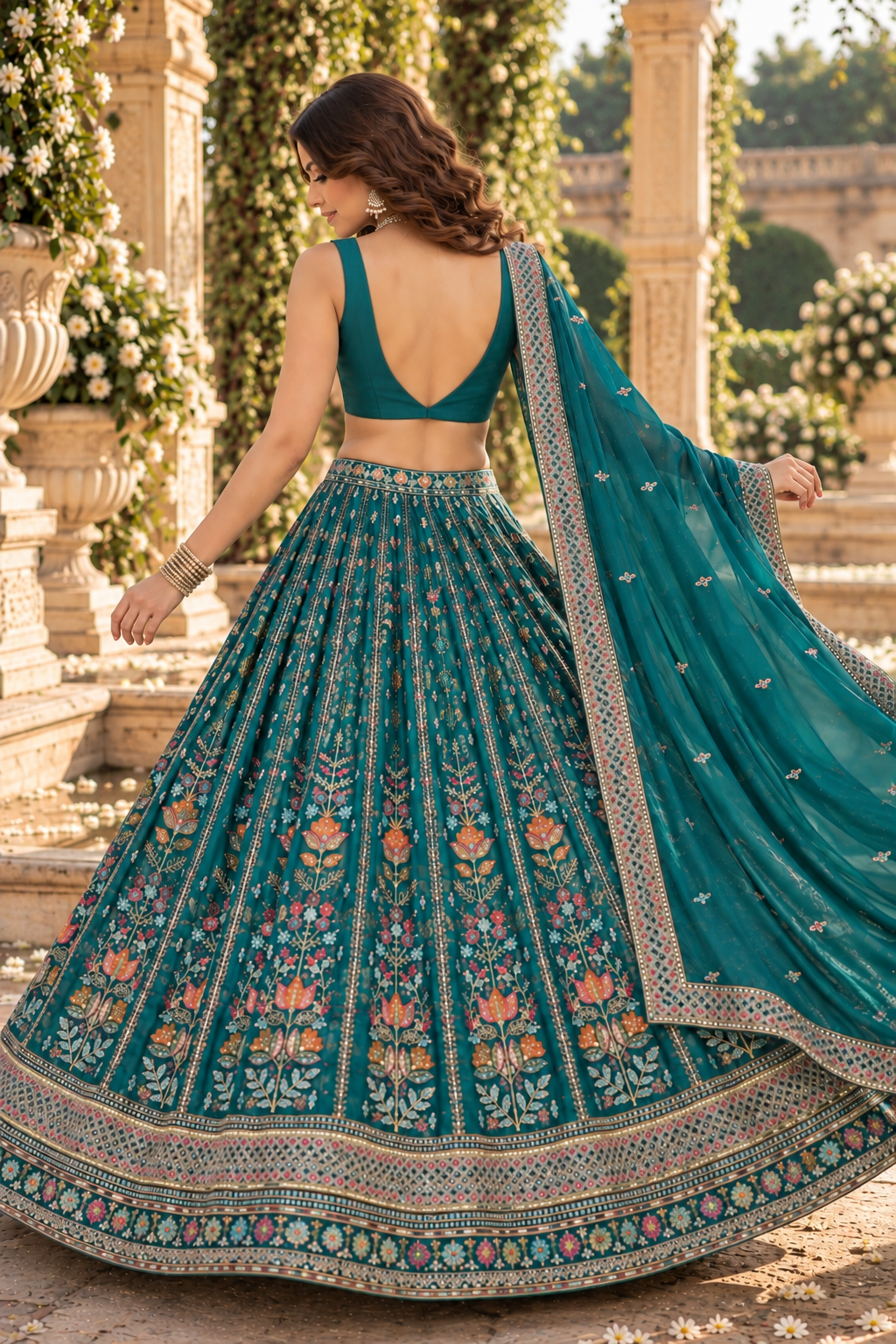 Emerald Green Star Georgette Sequin Lehenga Choli