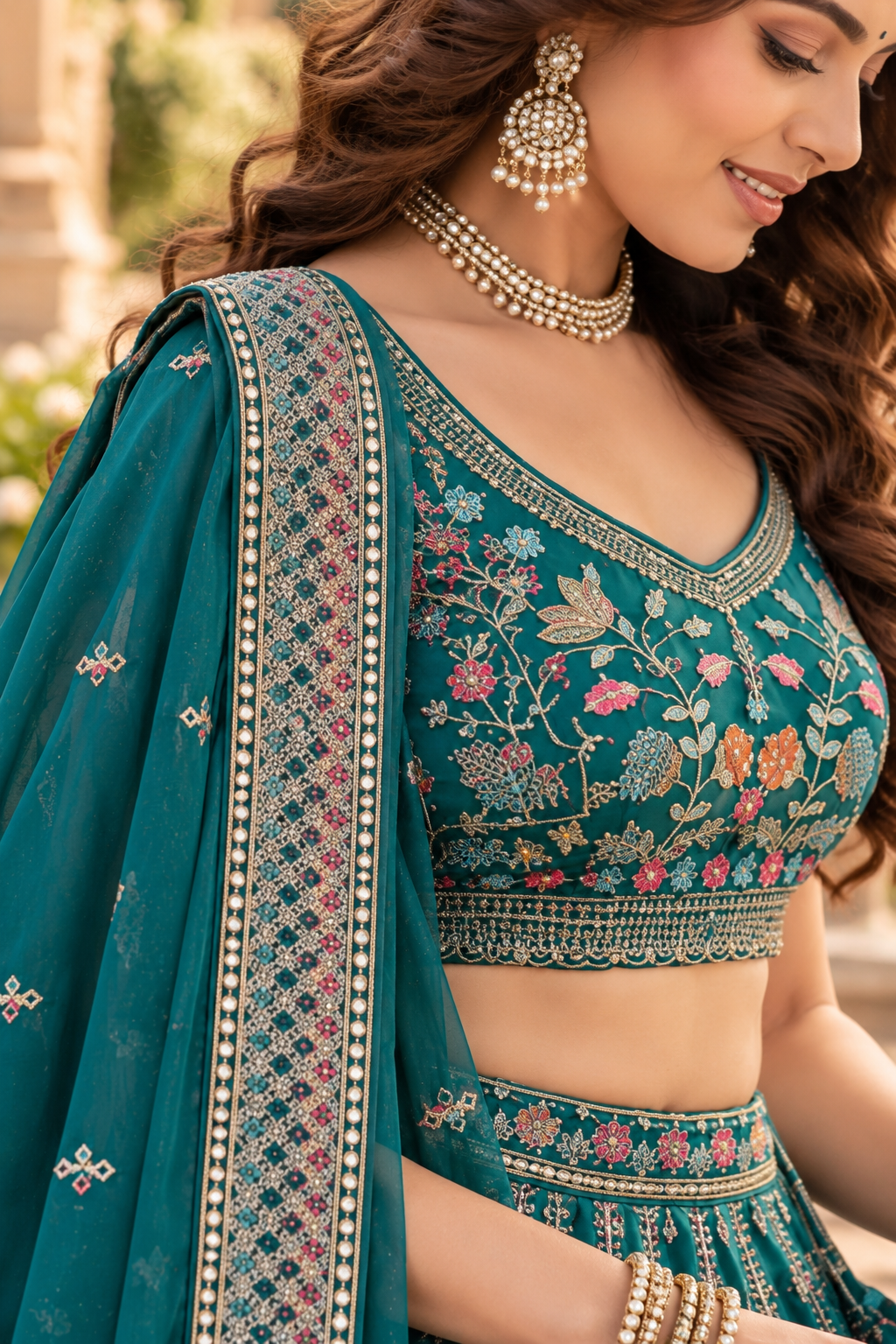 Emerald Green Star Georgette Sequin Lehenga Choli