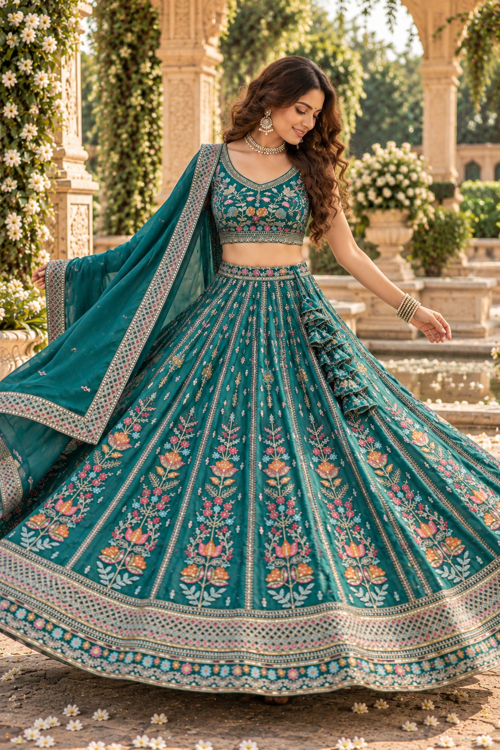 Emerald Green Star Georgette Sequin Lehenga Choli