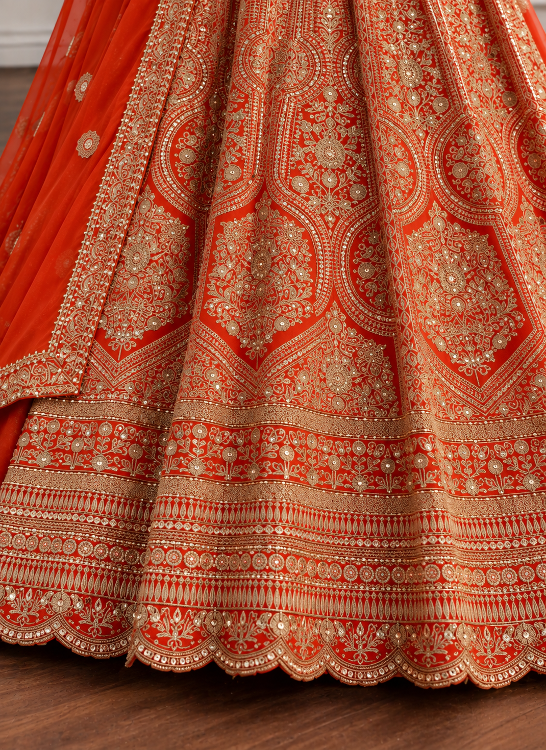 Orange Fox Georgette Zari Sequin Bridal Lehenga Choli