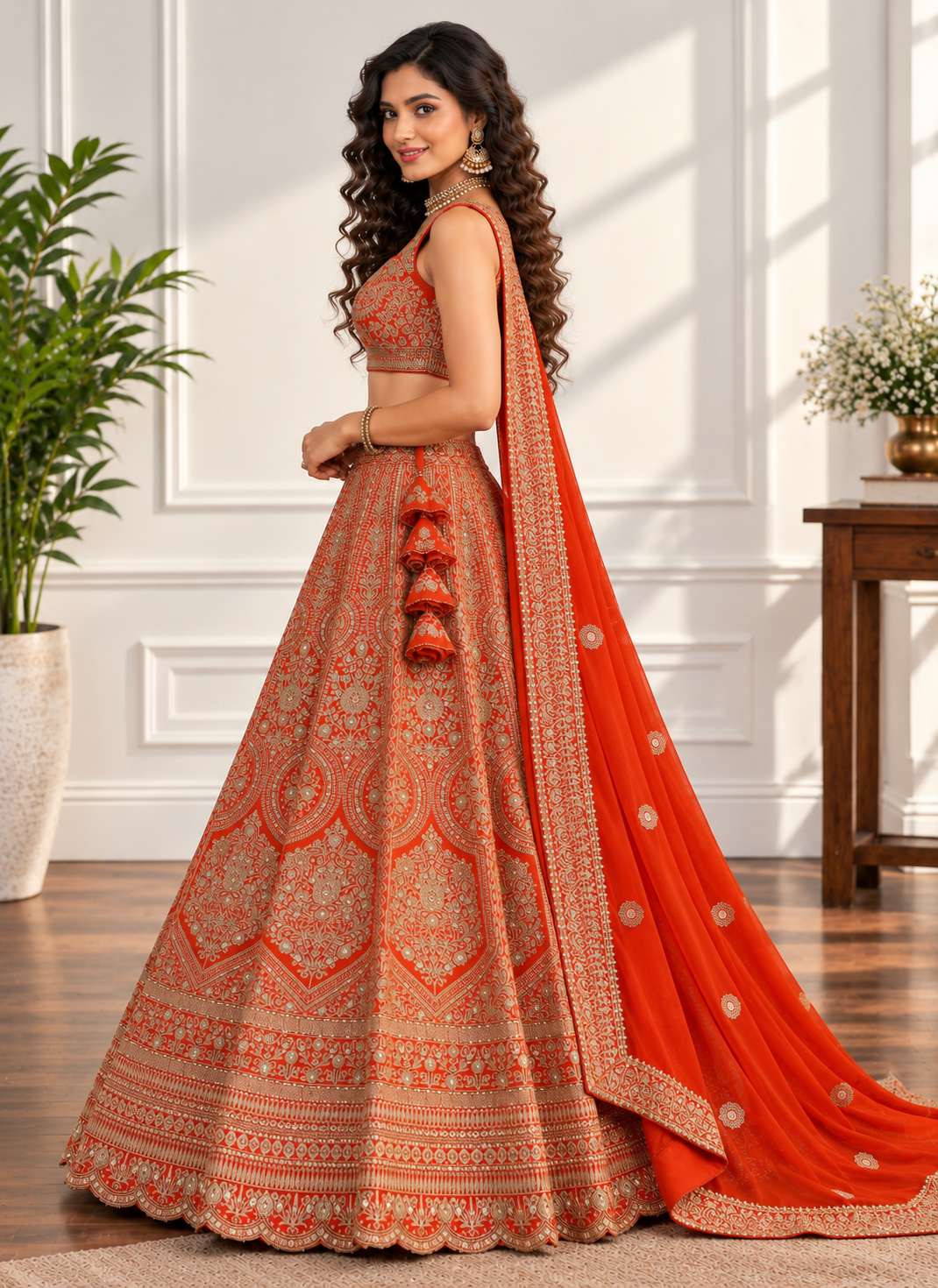 Orange Fox Georgette Zari Sequin Bridal Lehenga Choli