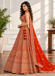 Orange Fox Georgette Zari Sequin Bridal Lehenga Choli