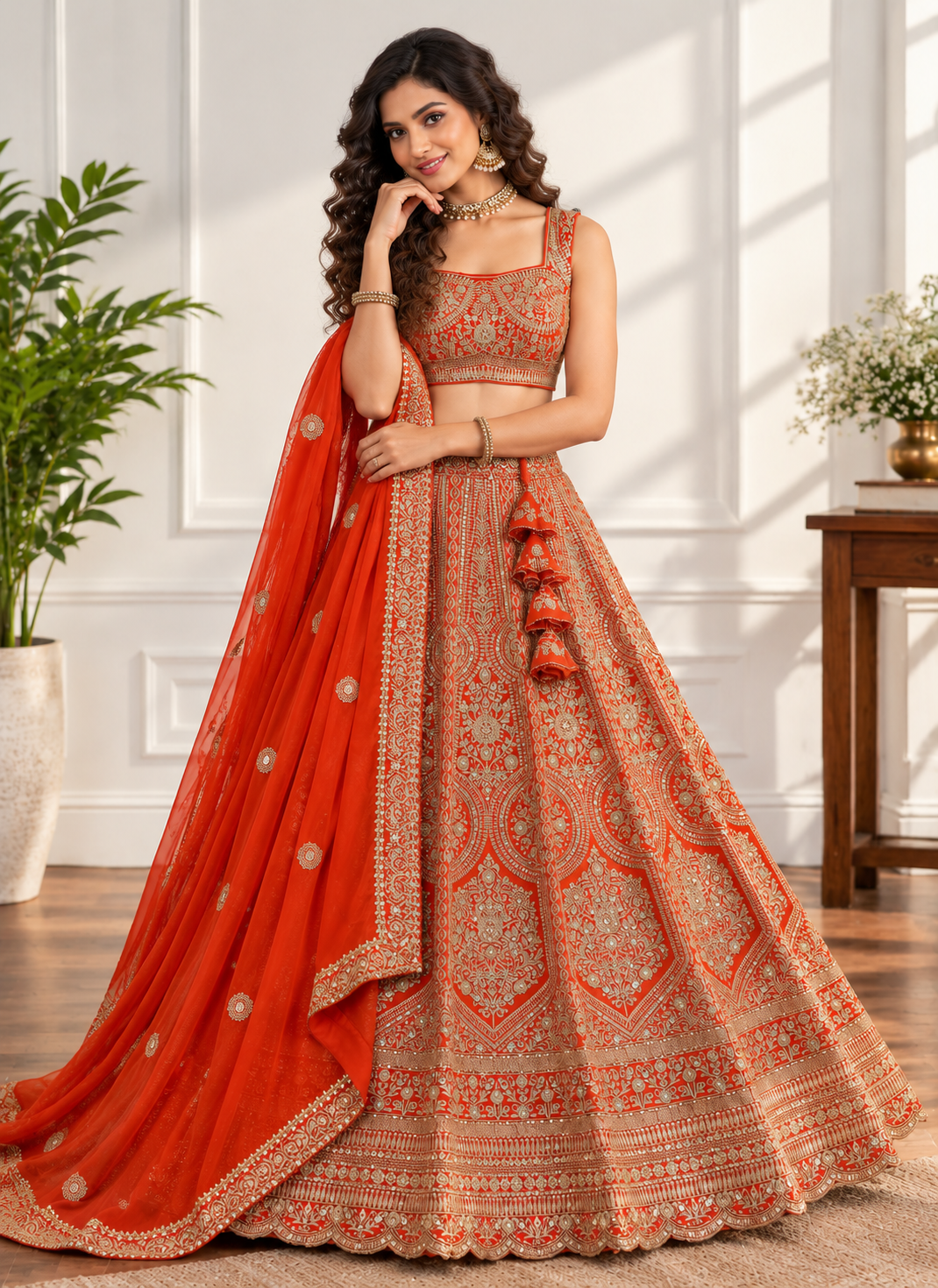 Orange Fox Georgette Zari Sequin Bridal Lehenga Choli