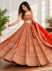 Orange Fox Georgette Zari Sequin Bridal Lehenga Choli