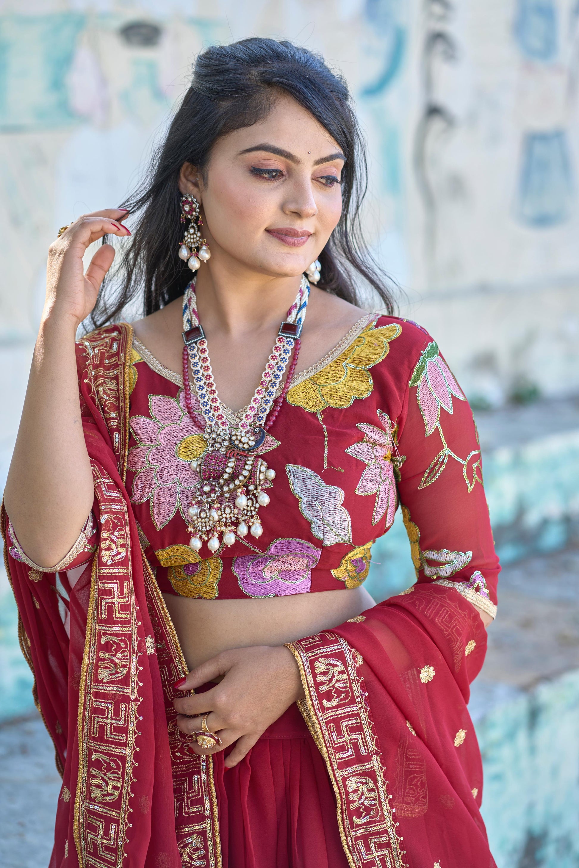 Magnificent Maroon Georgette Floral Embroidered Lehenga Choli Set - Ethnicwish
