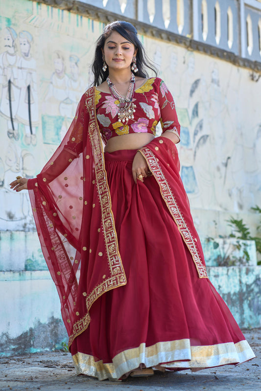 Magnificent Maroon Georgette Floral Embroidered Lehenga Choli Set - Ethnicwish