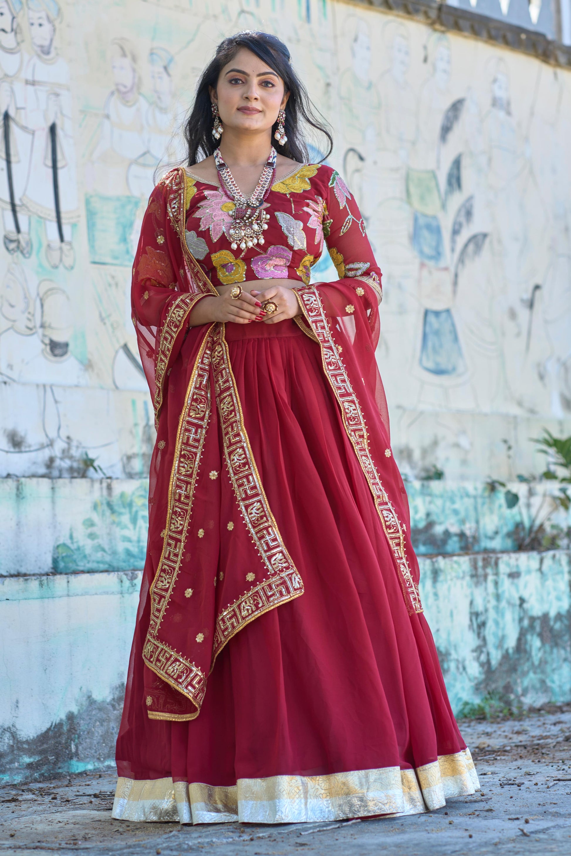 Magnificent Maroon Georgette Floral Embroidered Lehenga Choli Set - Ethnicwish