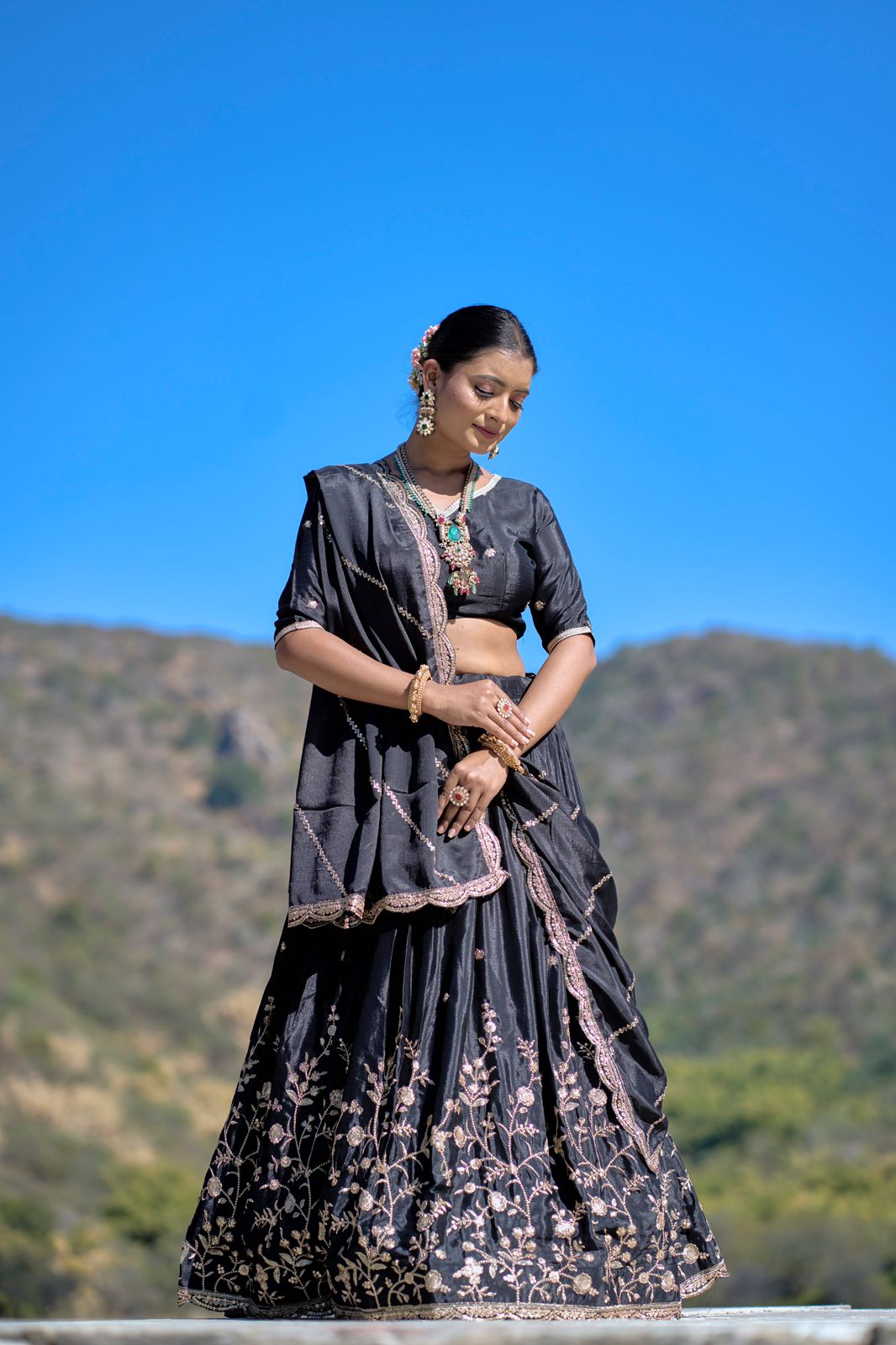 Elegant Chinon Thread Zari Embroidered Lehenga Choli Set - Ethnicwish