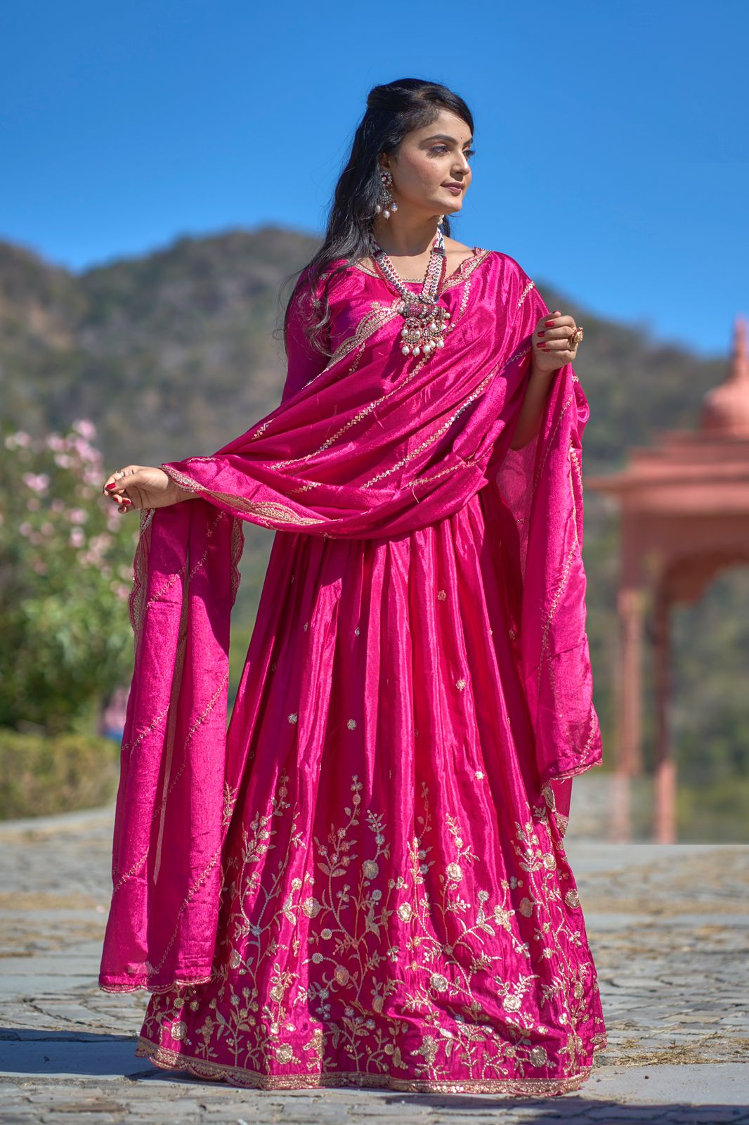 Elegant Chinon Thread Zari Embroidered Lehenga Choli Set - Ethnicwish