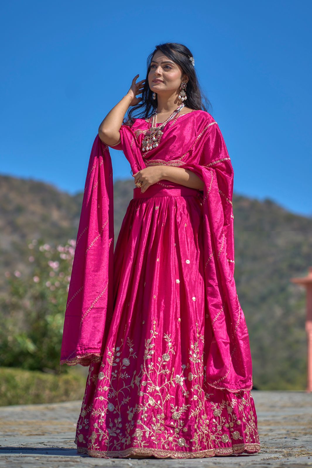Elegant Chinon Thread Zari Embroidered Lehenga Choli Set - Ethnicwish