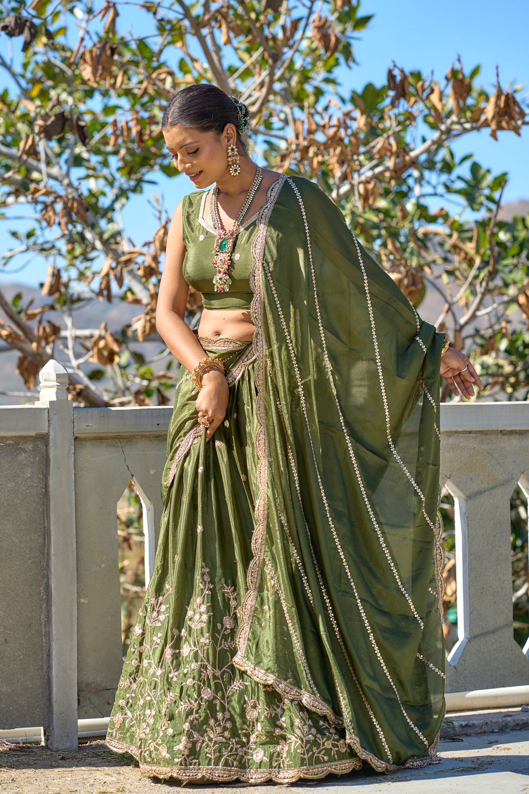 Elegant Chinon Thread Zari Embroidered Lehenga Choli Set - Ethnicwish