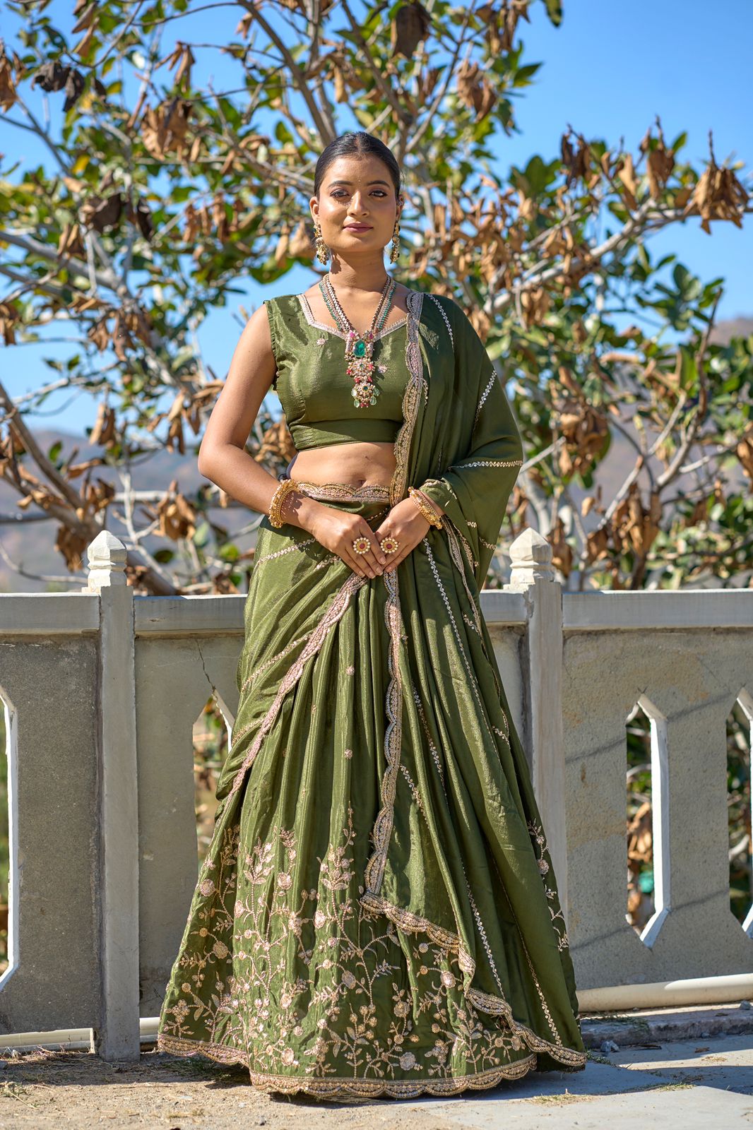 Elegant Chinon Thread Zari Embroidered Lehenga Choli Set - Ethnicwish