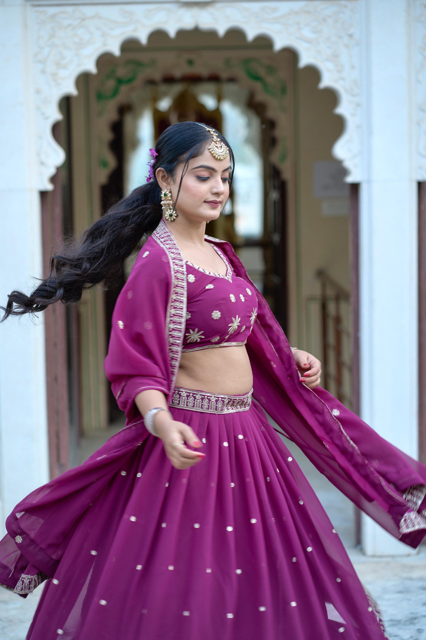 Stylish Georgette Rich Sequins Embroidered Lehenga Choli Set - Ethnicwish